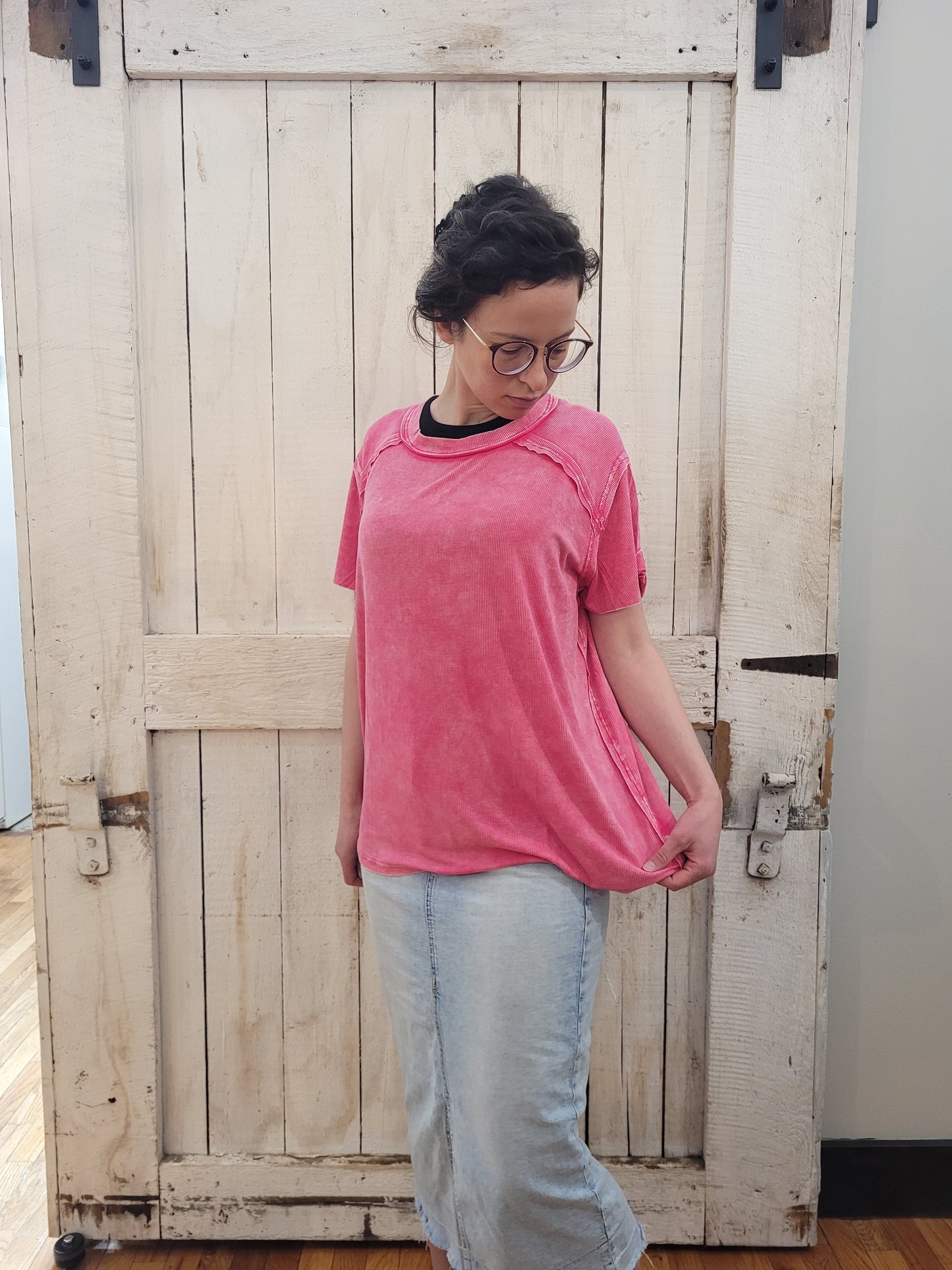 Washed Ribbed Short Sleeve Boat-Neck Top