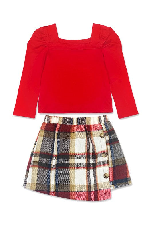 Girls 2 Piece Plaid Skirt & Shirt