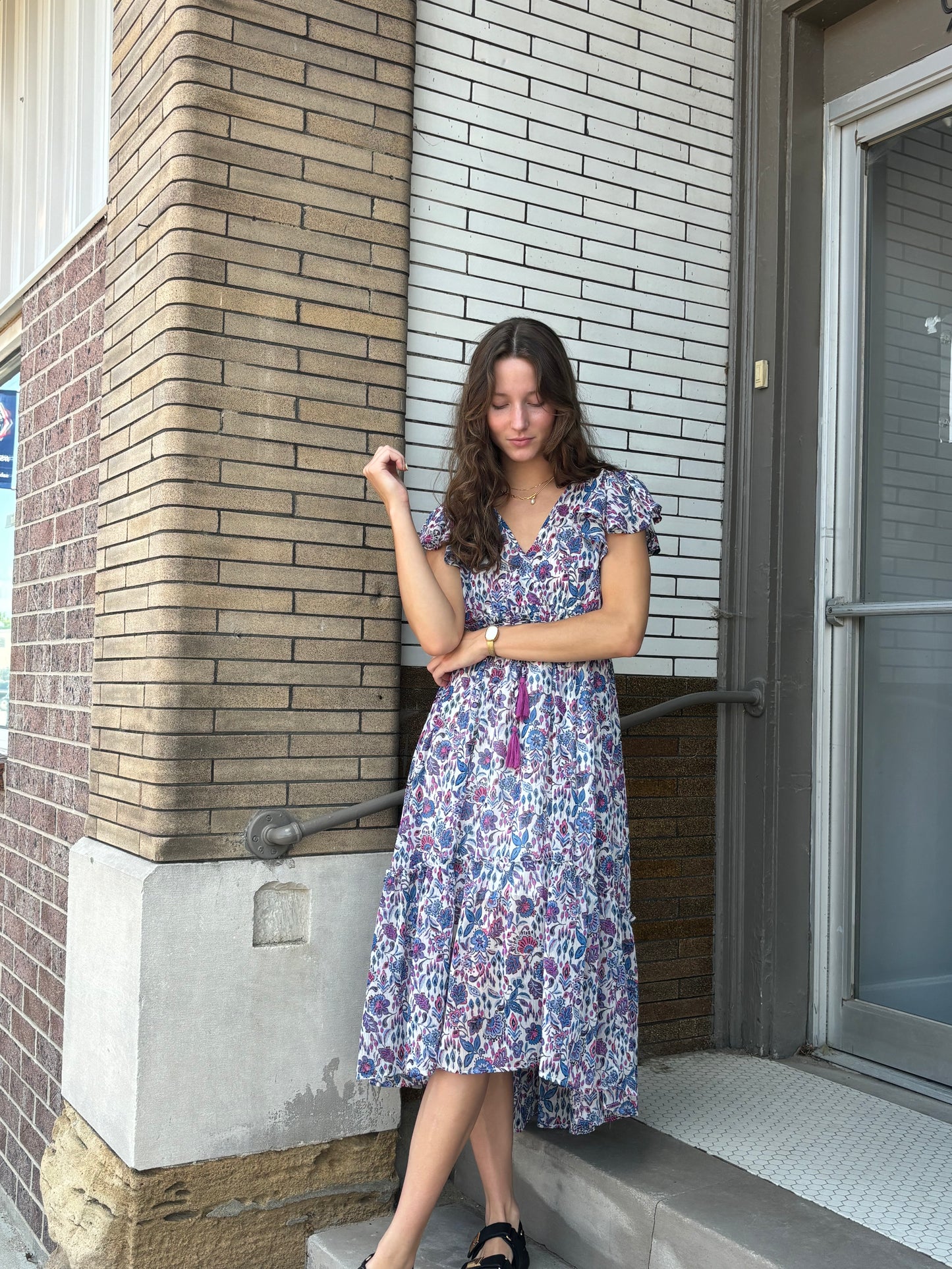 Metallic Floral Print V-Neck Maxi Ruffle Dress