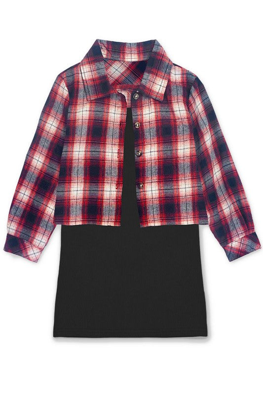 Girls Ribbed Tank Dress with Flannel Button Up