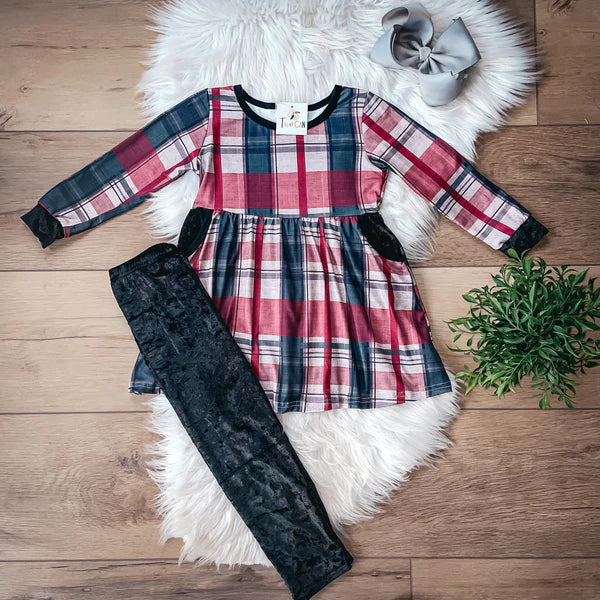 Plaid & Velvet Pant Set