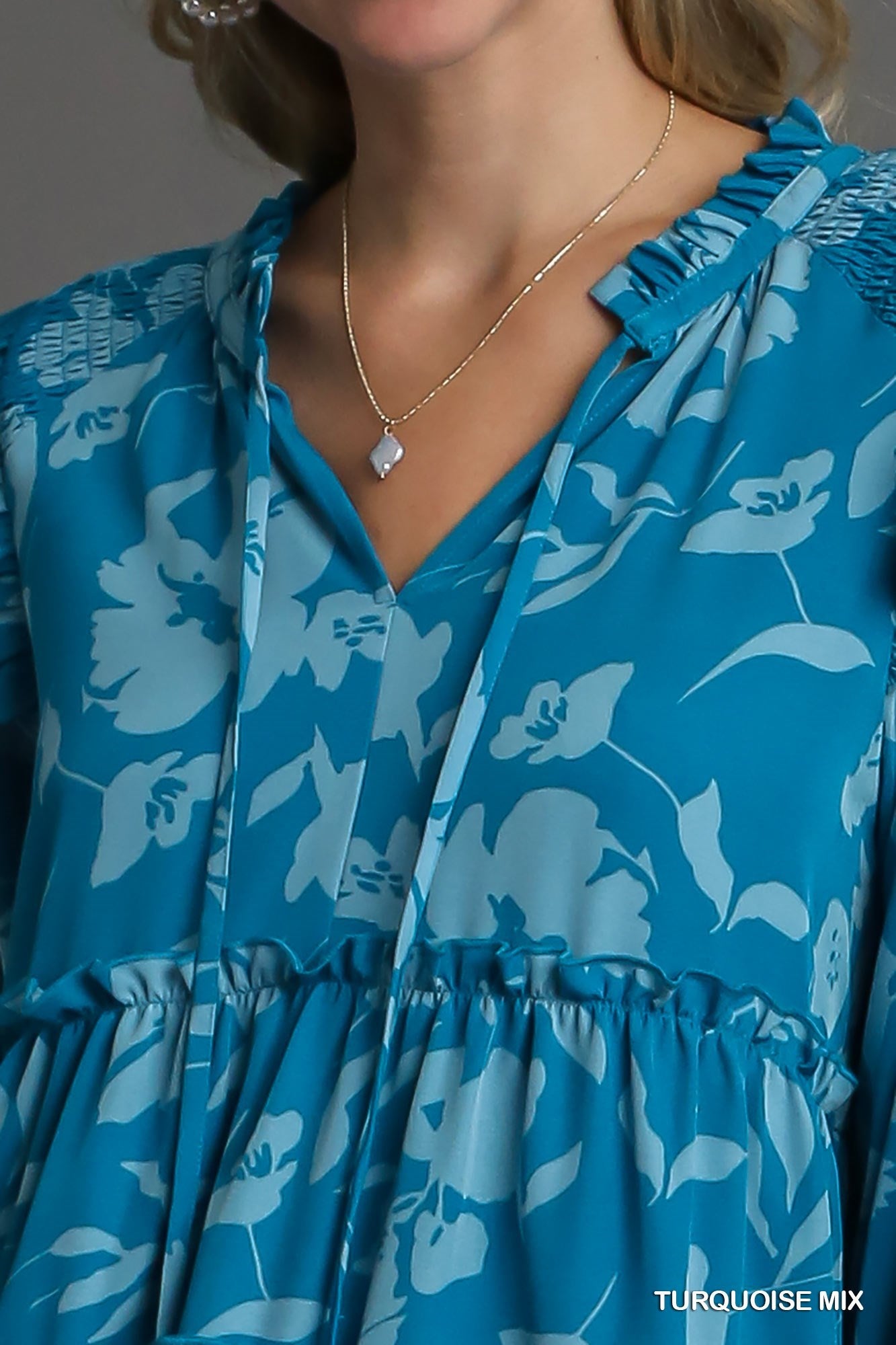 Turquoise Tiered Floral Print 3/4 Sleeve Ruffle Neck Tie Dress