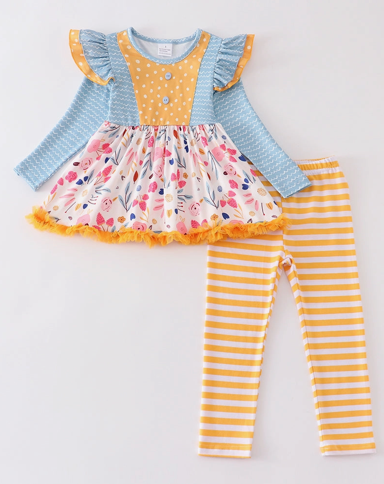 Blue Floral Print Ruffle Stripe Set