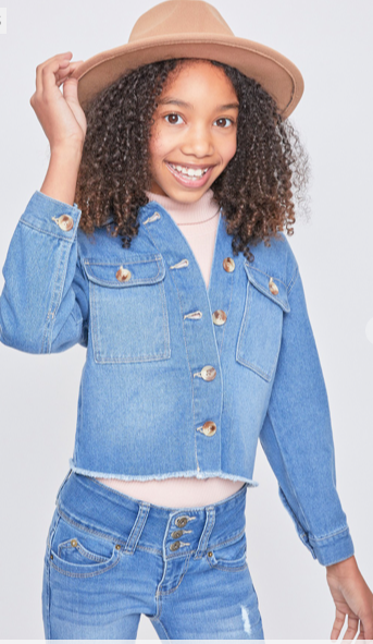 Girls Patch Pocket Oversize Denim Jacket Fray Hem