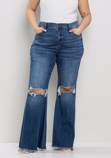 High Rise Flare with Ripped Knees & Fray