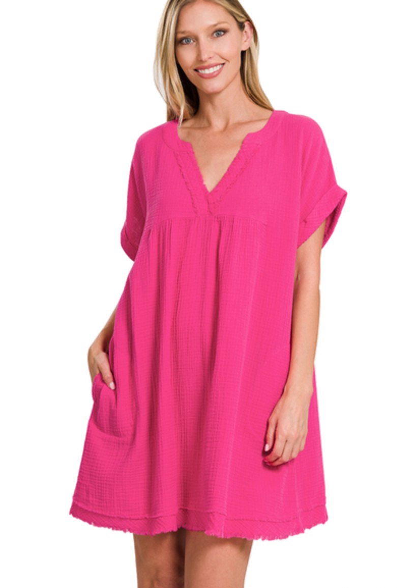 Gauze Short Sleeve V-Neck Dress