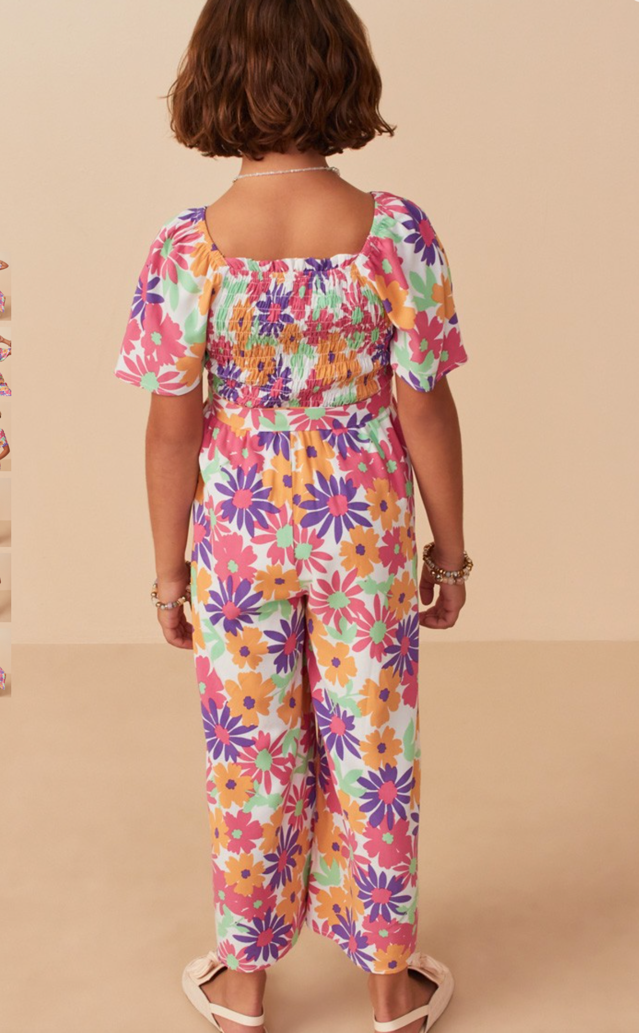 Girls Vivid Floral Self Belt Smocked Jumpsuit