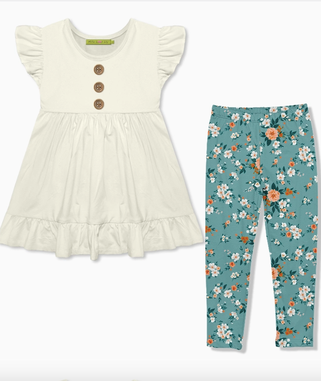 Girls Cream Babydoll Top & Floral Leggings