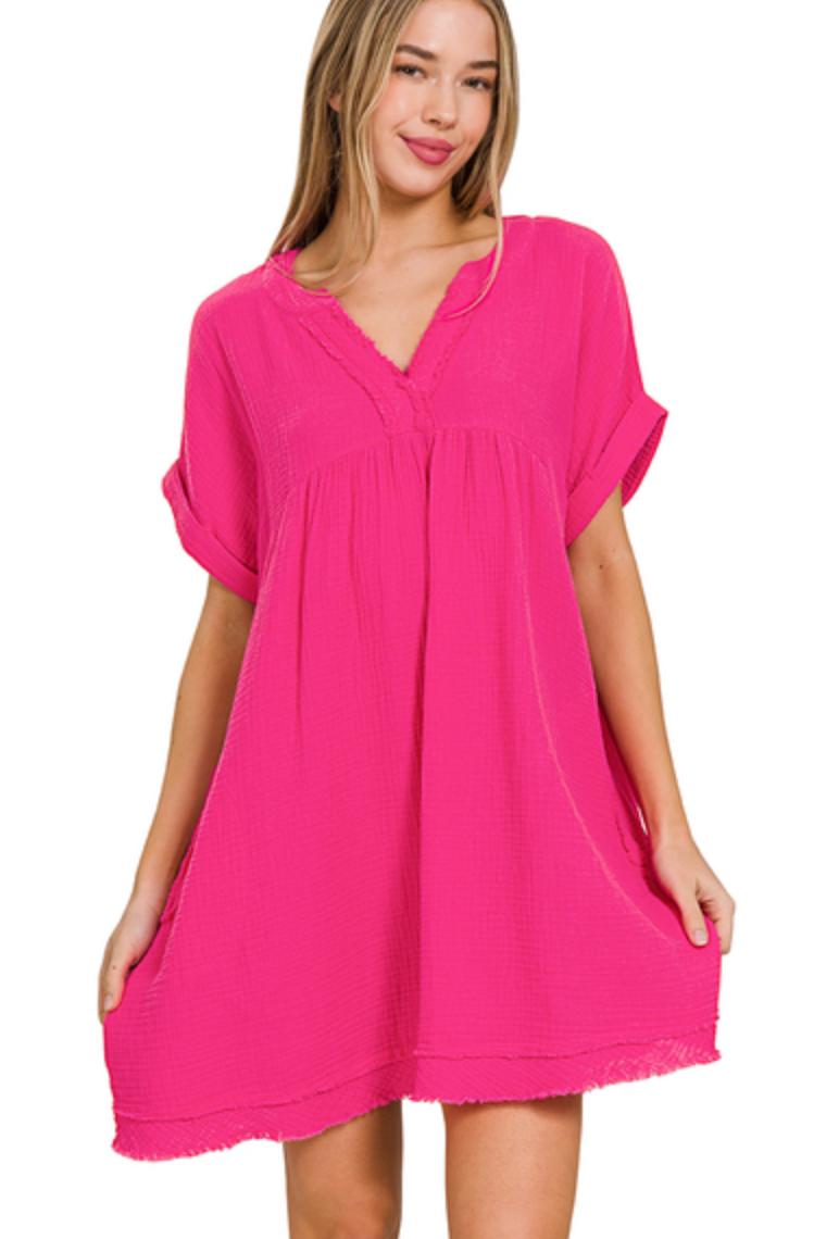 Gauze Short Sleeve V-Neck Dress