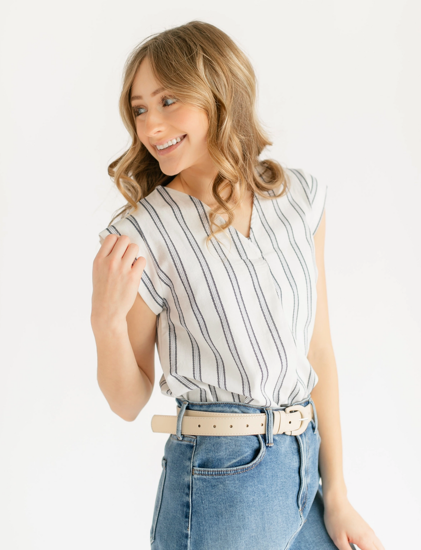 Madison Striped V-Neck Short Sleeve Flowy Top