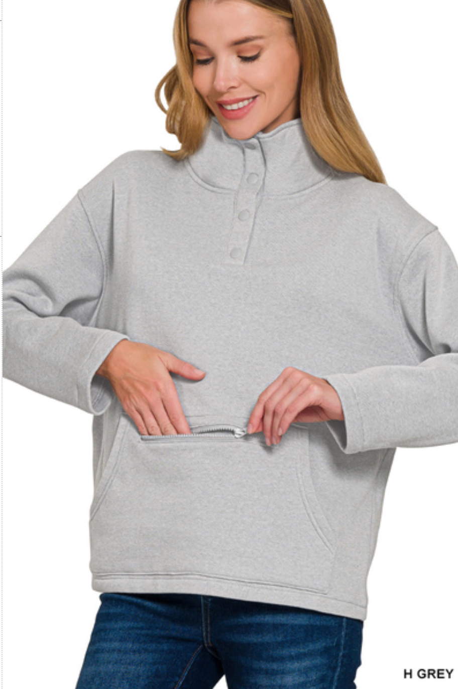Fleece High Neck Half Snap Button Front Sweatshirt