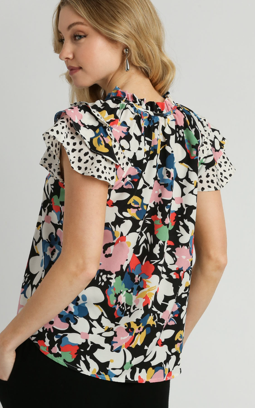 Mixed Floral and Dalmatian Print Blouse