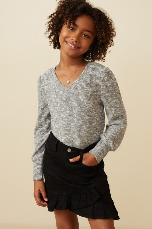 Girls Textured V Neck Speckled Rib Knit Top GY7609