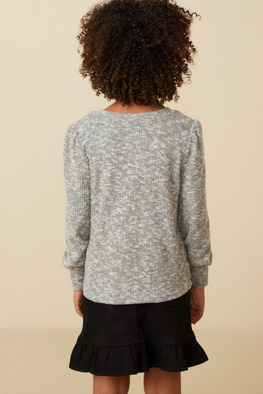 Girls Textured V Neck Speckled Rib Knit Top GY7609