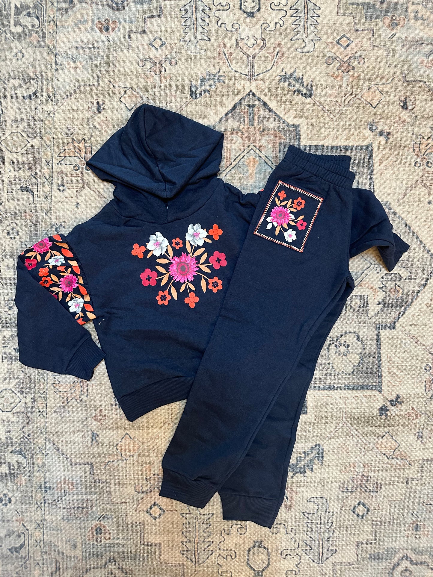 Girls' Hooded Sweat Set - Navy with Bright Floral Design