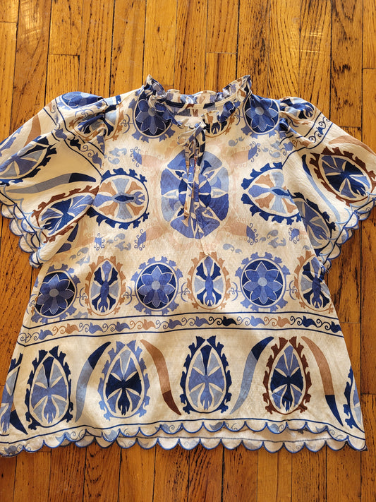 Blue and White Scalloped Blouse