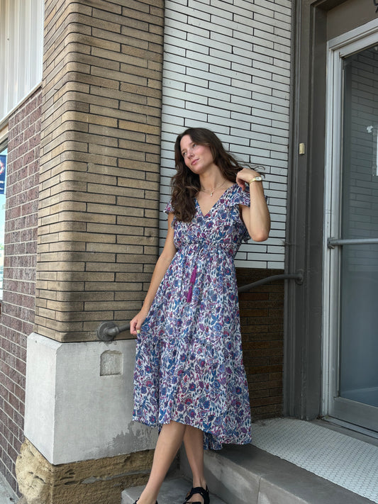 Metallic Floral Print V-Neck Maxi Ruffle Dress