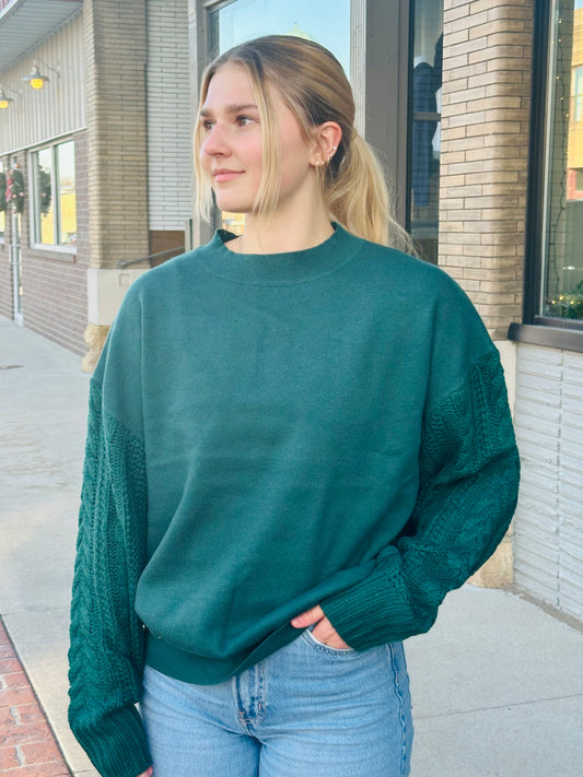 Cozy Cable Sleeve Sweater - Hunter Green