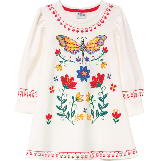 Girls' Off-White Sweatshirt Dress - Floral & Butterfly Design