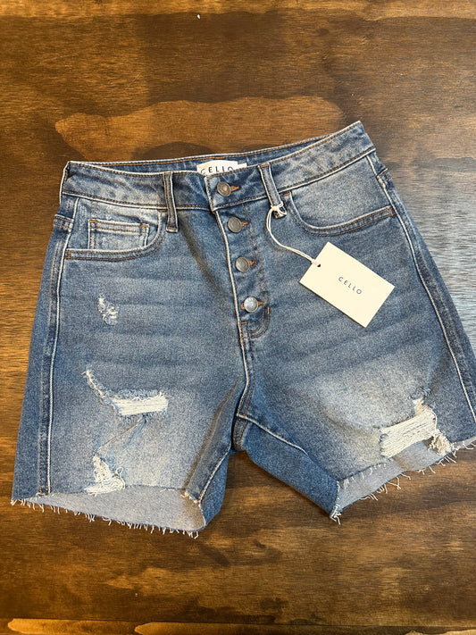 High Waisted Button Fly Distressed Shorts