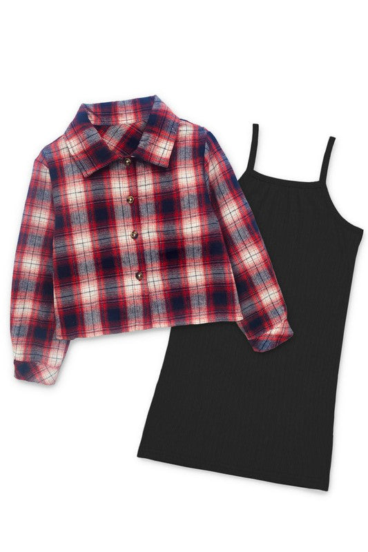 Girls Ribbed Tank Dress with Flannel Button Up