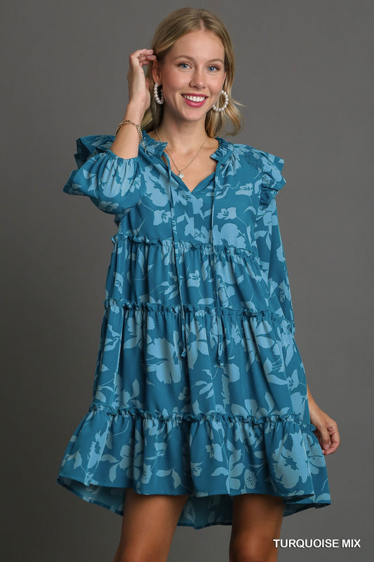 Turquoise Tiered Floral Print 3/4 Sleeve Ruffle Neck Tie Dress