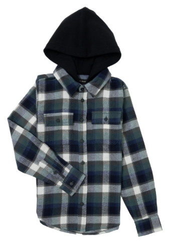 BOYS Y/D PLAID L/S SHIRT WITH FLEECE HOOD