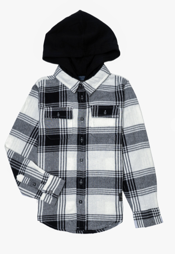 BOYS Y/D PLAID L/S SHIRT WITH FLEECE HOOD