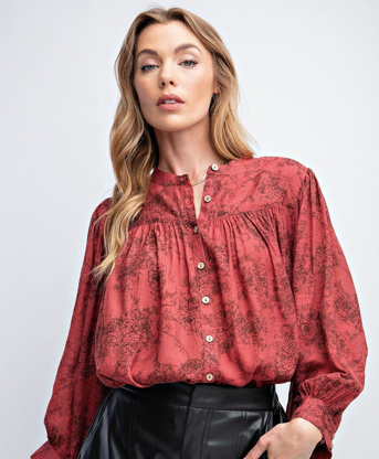 3/4 Sleeve Crepe Button Down Printed Top