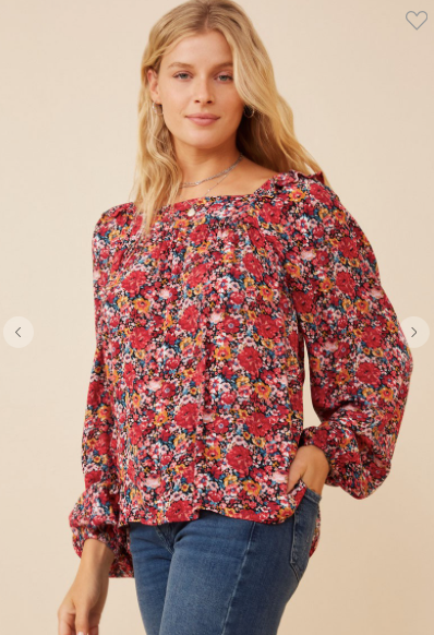 Floral Ruffle Shoulder Long Sleeve Textured Top