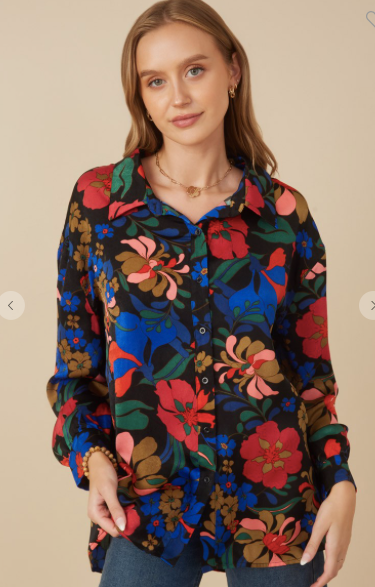 Womens Retro Floral Button Down Oversized Shirt