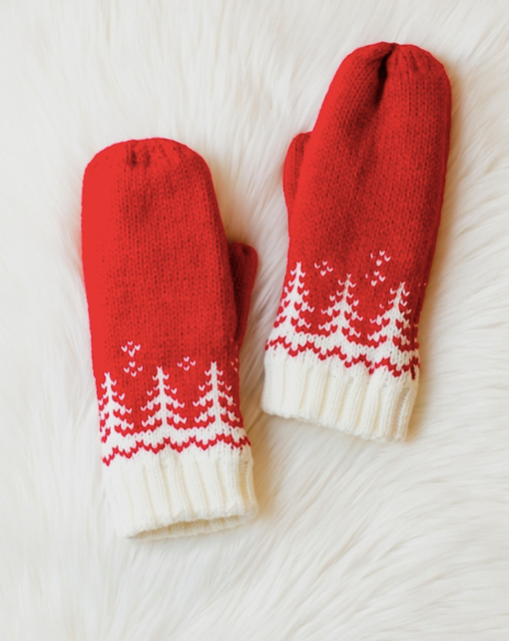 Red & White Tree Pattern Knit Mittens