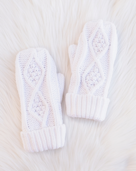 White Cable Knit Mittens