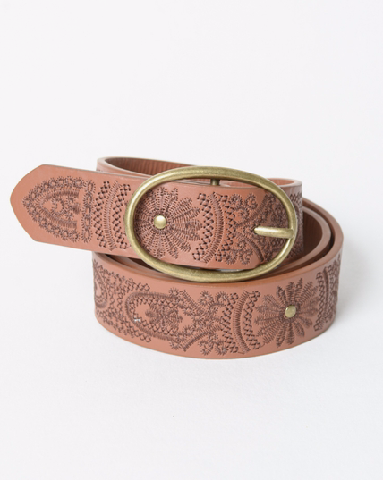 Floral Stitch Oval Buckle Belt-Brown