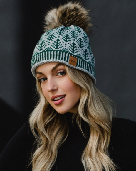 Gray w/ Green Tree Pattern Pom Hat