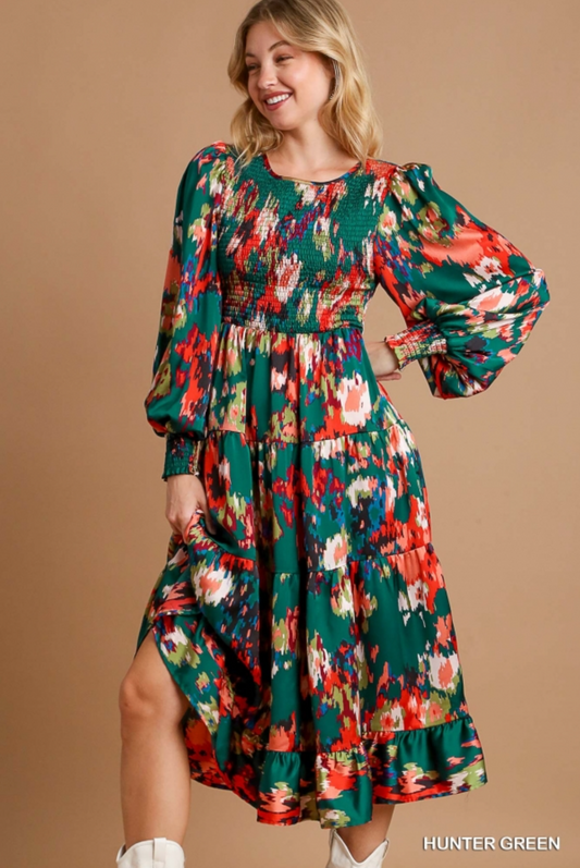 Satin Smocked Printed Long Sleeve Tiered Dress