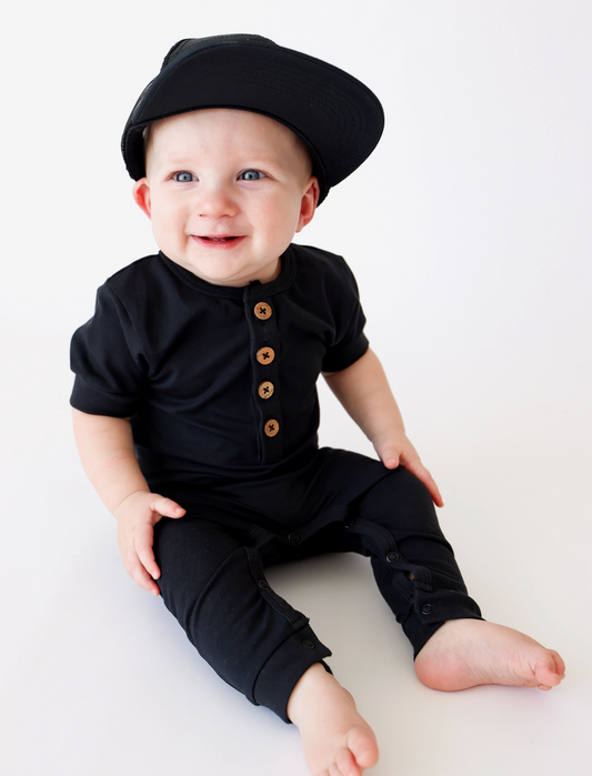 Wooden Button Romper-Black