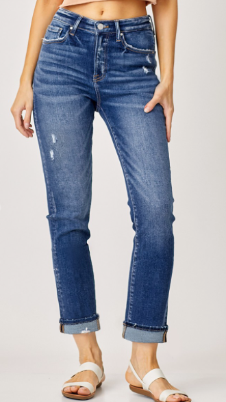 Mid-Rise Cuffed Straight Jeans