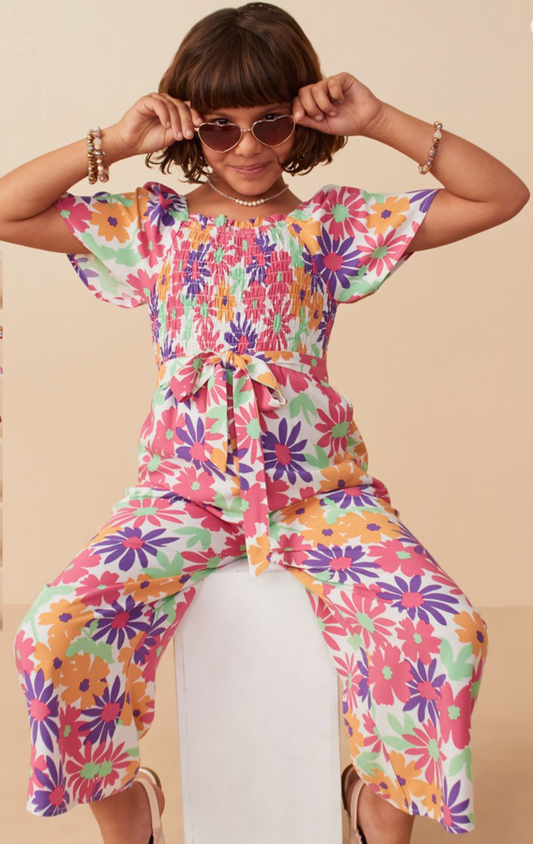 Girls Vivid Floral Self Belt Smocked Jumpsuit