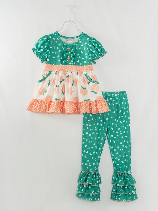 Green Pink Peach Ruffle Girl Bell Pant Set