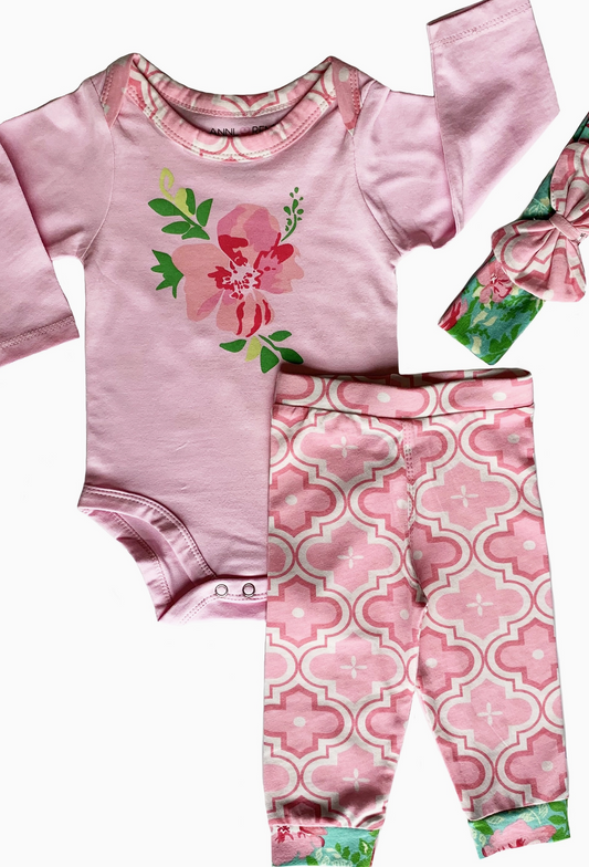 Girls 3 Pc Layette Pink Floral Set