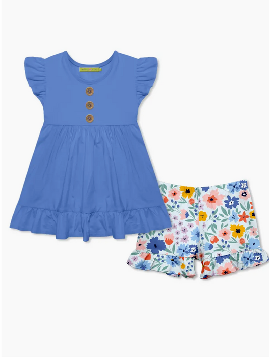 Marina Blue Top & Wonder Floral Ruffle Shorts