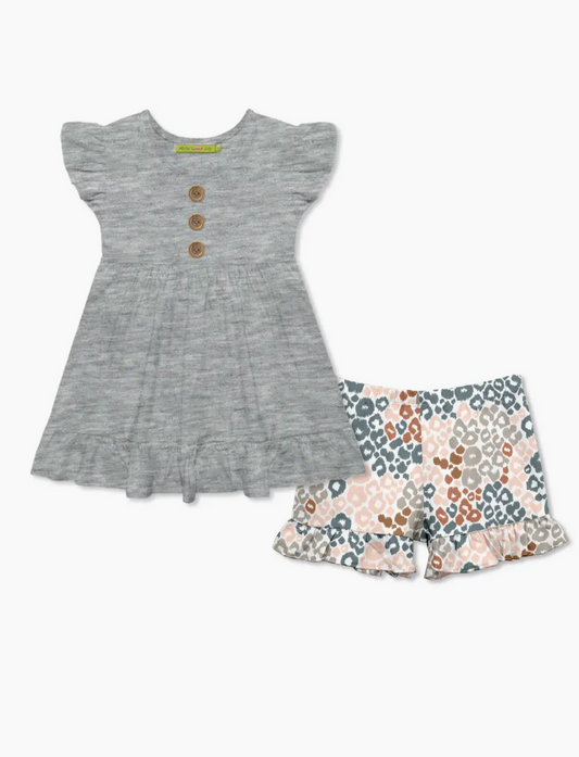 Gray Heather Top & Leopard Spots Ruffle Shorts