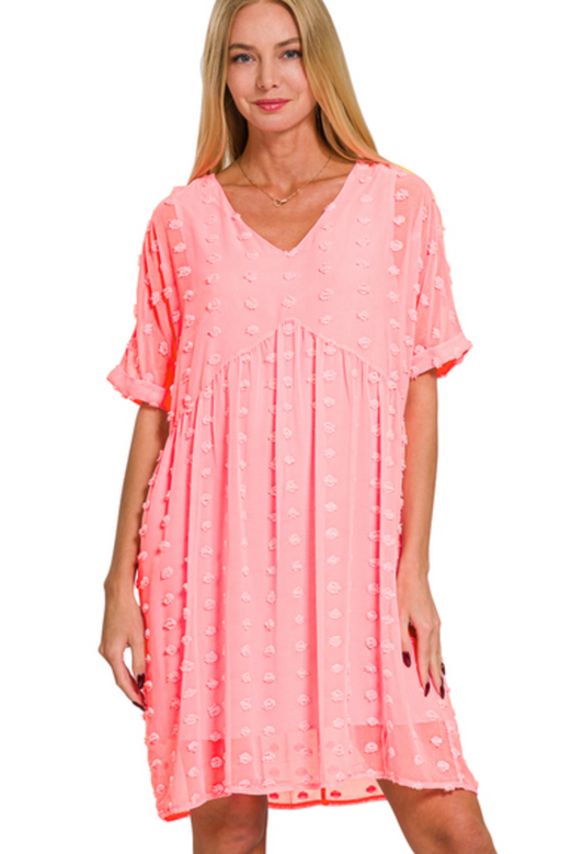 Swiss Dot Babydoll Dress (Bright Pink)