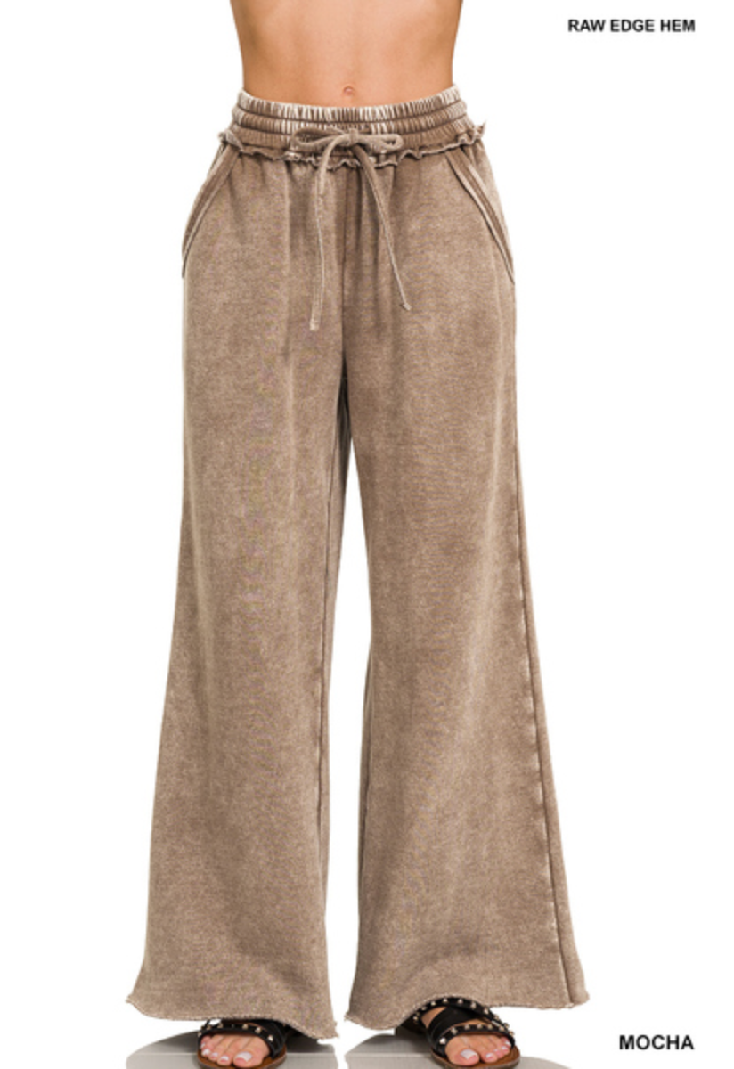 Acid Wash Fleece Palazzo Sweatpants with Pockets