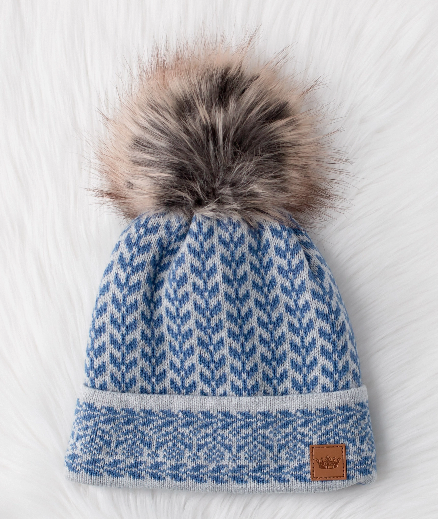 Blue/Gray Pattern Pom Beanie