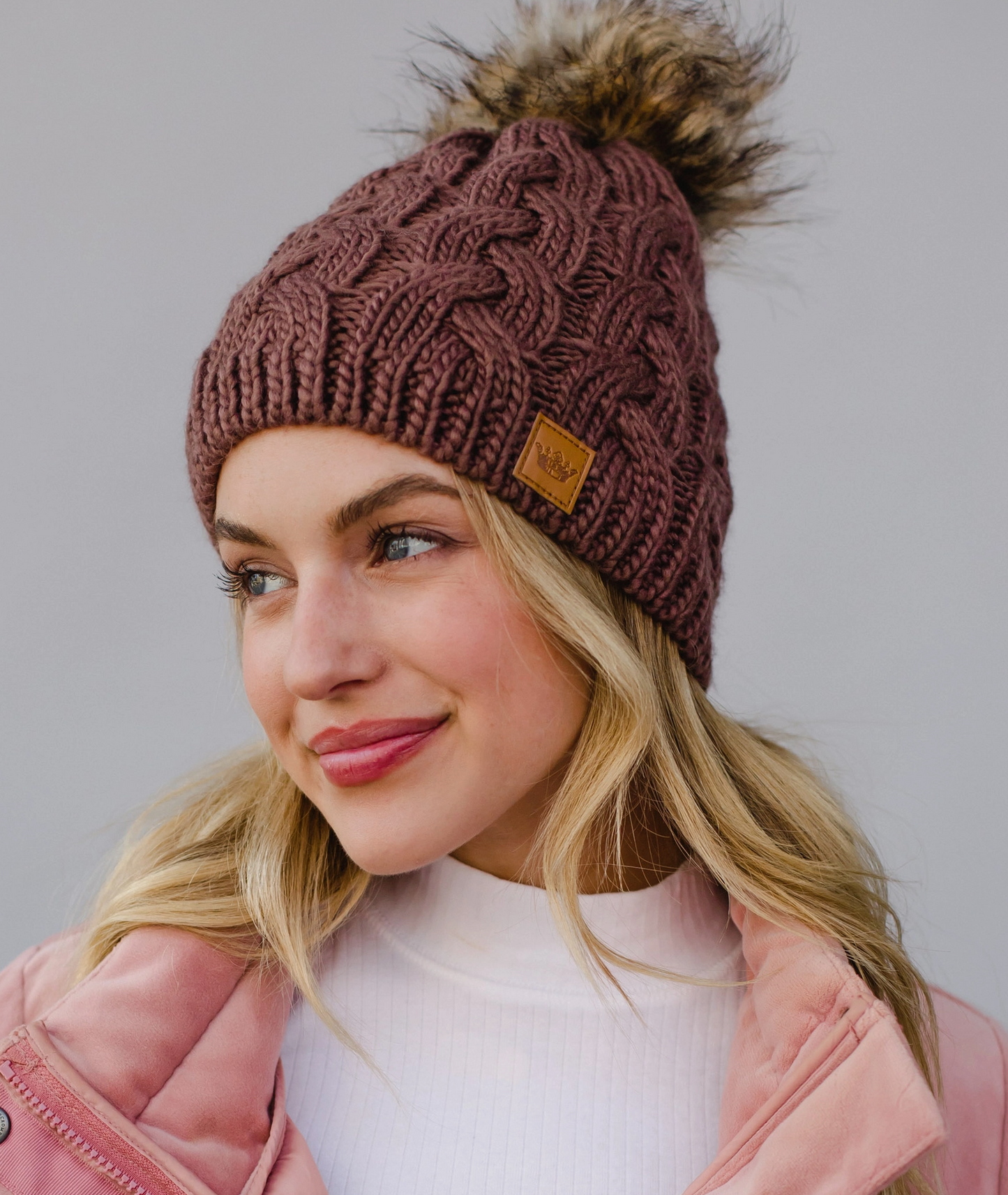 Brown Braided Knit Pom Beanie