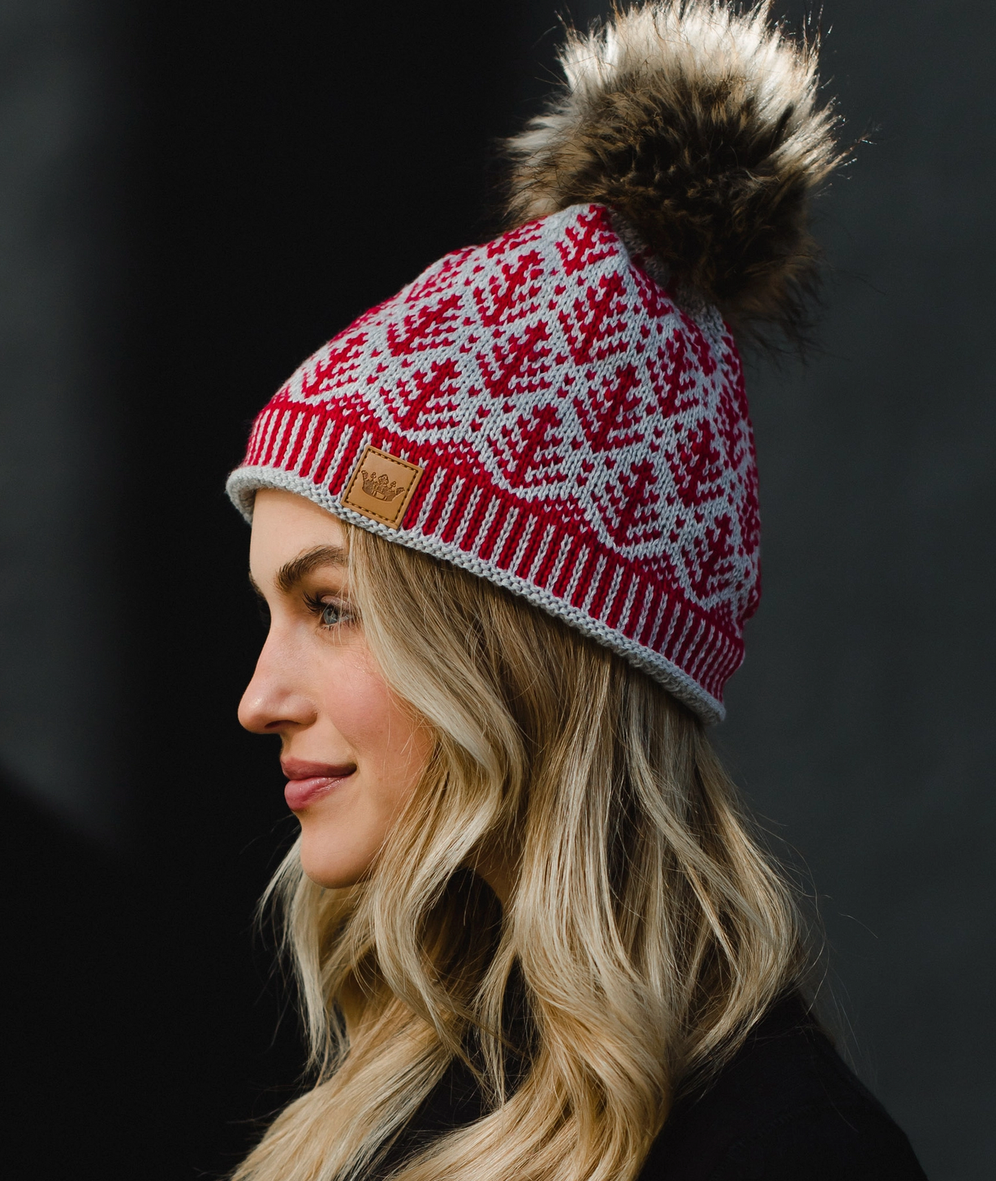 Gray/Red Tree Pattern Pom Hat