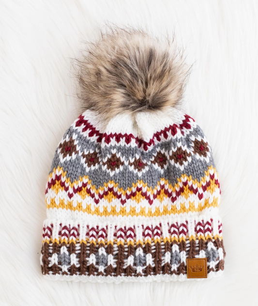 White & Multi Patterned Pom Hat