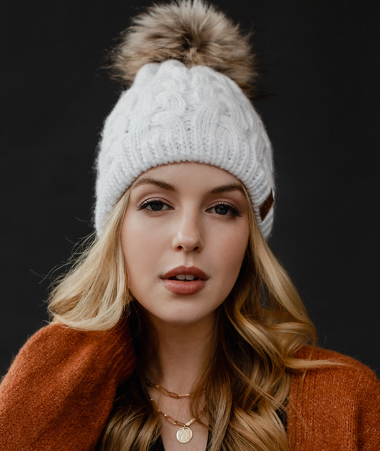 White Braided Knit Pom Hat